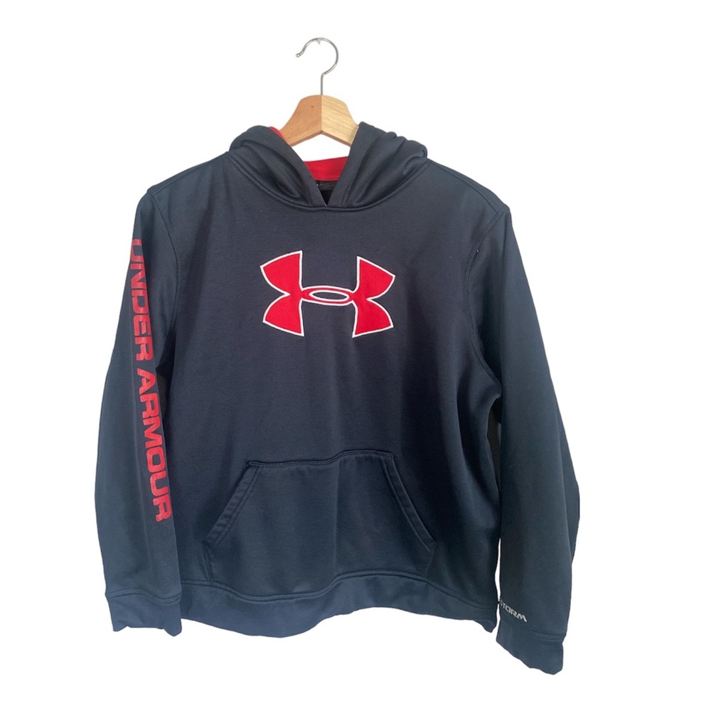 Under Armour Youth Black fleece sweatshirt Hoodie YXL red logo kangaroo pockets